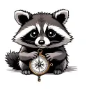 cute racoon sitting holding a compass tattoo design idea