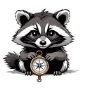 cute racoon sitting holding a compass tattoo design idea