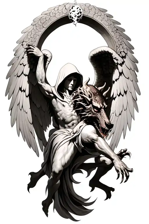 hooded arch angel defeating a demon tattoo design idea