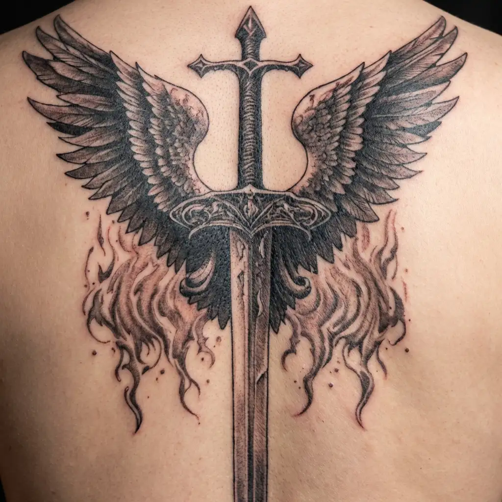 "Defend us" Michael archangel wings with sword in middle tattoo design idea