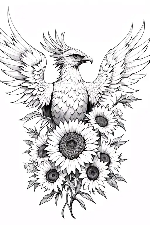 Phoenix with sunflowers and gladiolus  tattoo design idea