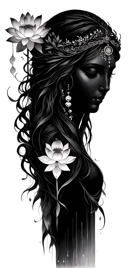  ancient goddess with a lotus flower at the heart.  The light ephemeral and minimal ink. Susan seddon's art inspired tattoo design idea