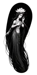  ancient goddess with a lotus flower at the heart.  The light ephemeral and minimal ink. Susan seddon's art inspired tattoo design idea