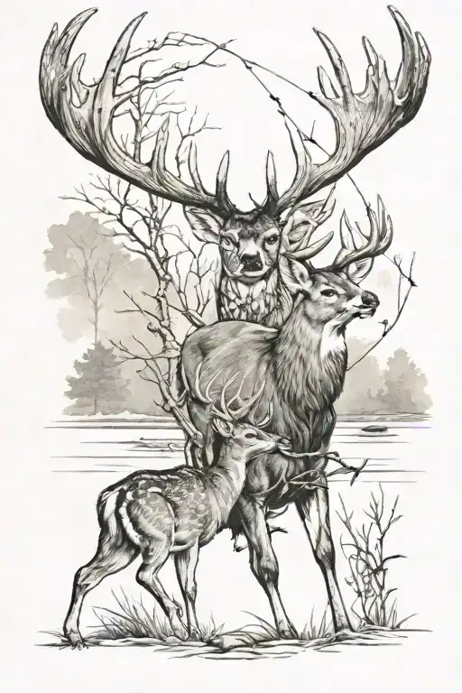 Bow hunting deer and duck hunting scene tattoo design idea