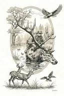Bow hunting deer and duck hunting scene tattoo design idea