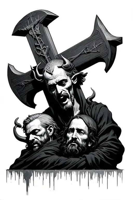 Christian cross with devil imagination and behind them a man with head in gallows tattoo design idea