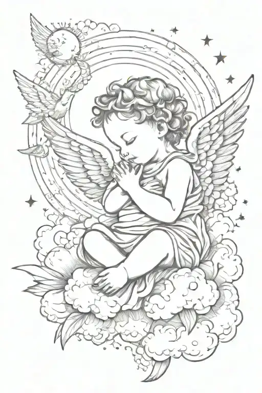 sleeping baby angel with wings on cloud, sun and moon under the angels wings  tattoo design idea