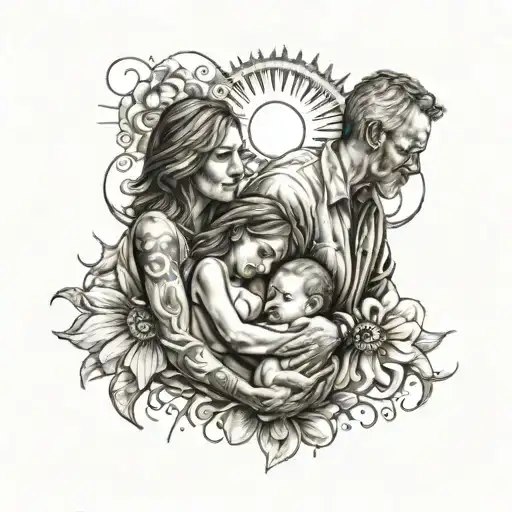 sun, mom and dad holding child tattoo design idea