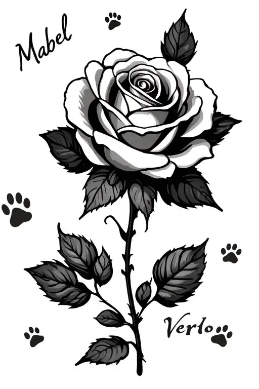 Rose with paw prints as leaves and the stem saying "Mabel" vertically down tattoo design idea