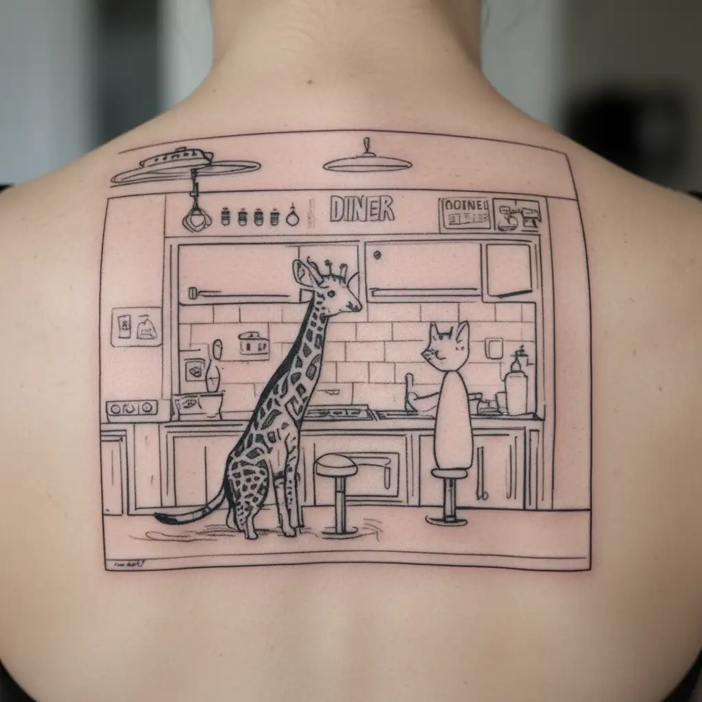 small giraffe learn how to cook diner scene with a cat tattoo design idea