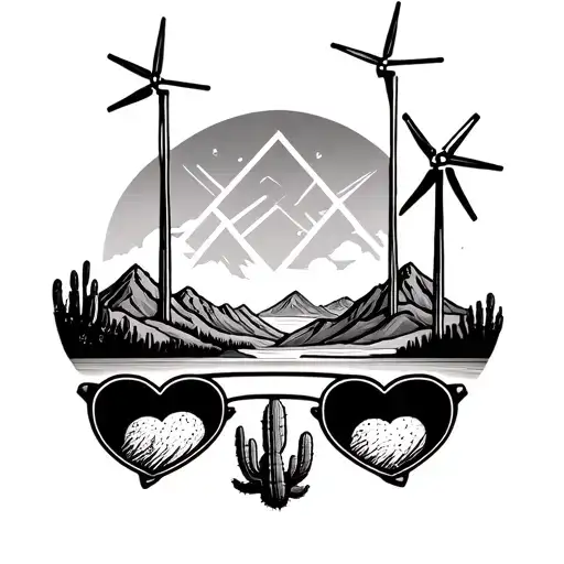 palm springs mountains with windmills and 3 triangles staggered and heart shaped sunglasses hanging from a cactus tattoo design idea