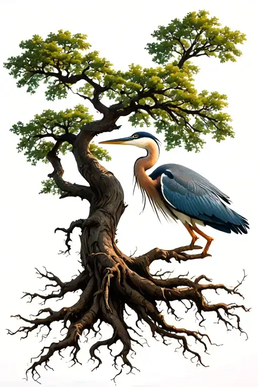 oak tree with long roots and blue heron flying tattoo design idea