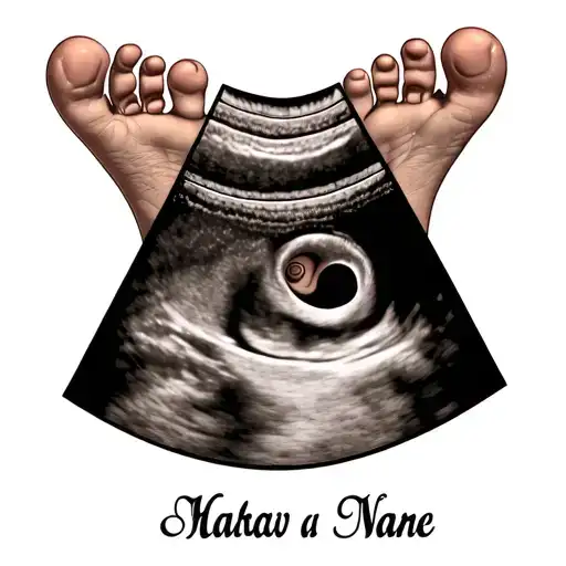 baby foot print with ultrasound profile and name written tattoo design idea
