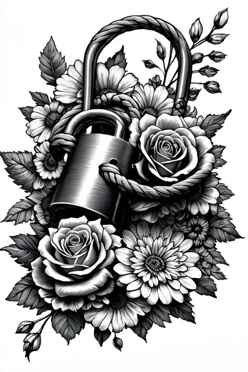 rope knot and lock surrounded with roses, chrysanthemum, aster and delphinium flowers  tattoo design idea