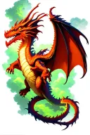 dragon flying with open wings, clouds and green lighting  tattoo design idea