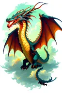 dragon flying with open wings, clouds and green lighting  tattoo design idea