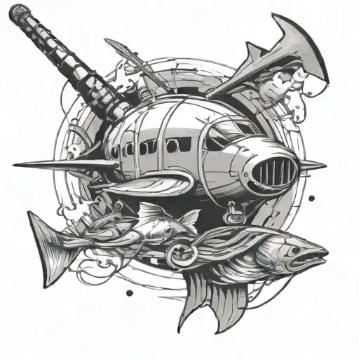 jets, fishing rod tattoo design idea