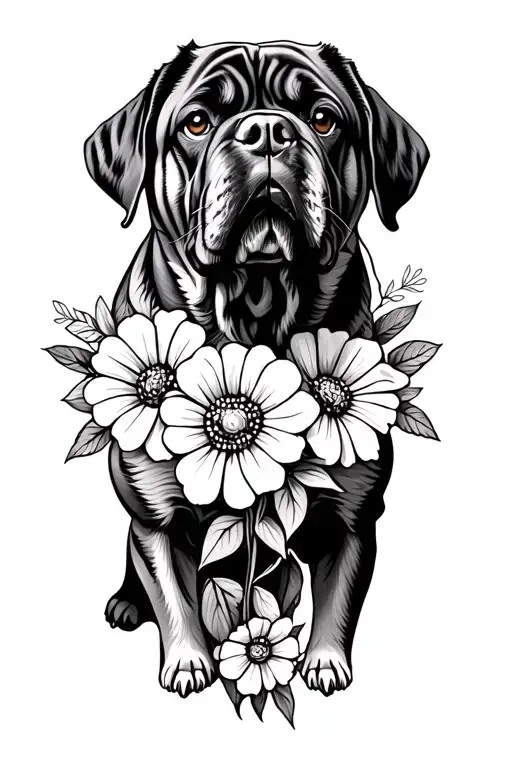 English mastiff dog with flowers tattoo design idea
