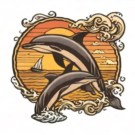 a tattoo with a sunset in the background behind the beach with ONLY three dolphins jumping out of the water tattoo design idea