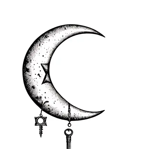 A palestinian kuffiye envolving a half a moon with a key holding on the bottom spike of the moon tattoo design idea