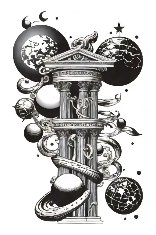greek colum and planets tattoo design idea