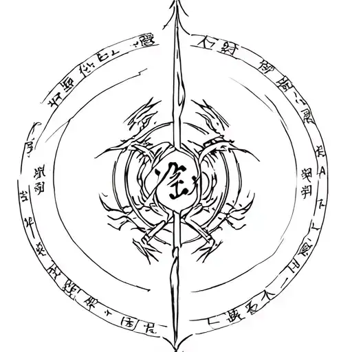 create a tatto of a fire nation emblem sorrounded by a perfect circle then sorrounded by the words 仕えて従う 殺す evenly tattoo design idea