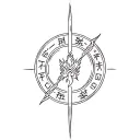 create a tatto of a fire nation emblem sorrounded by a perfect circle then sorrounded by the words 仕えて従う 殺す evenly tattoo design idea