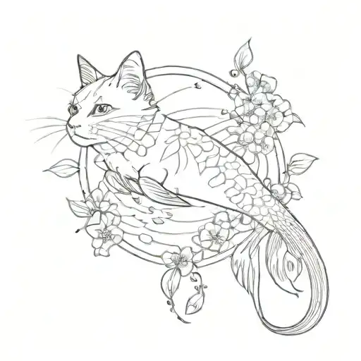 minimalistic,Japanese, Sakura, lines, fish, cat, fairy, more detailed tattoo design idea