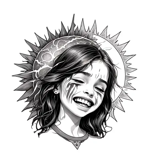 girl half smiling with the sun, other crying with a thunder storm  tattoo design idea