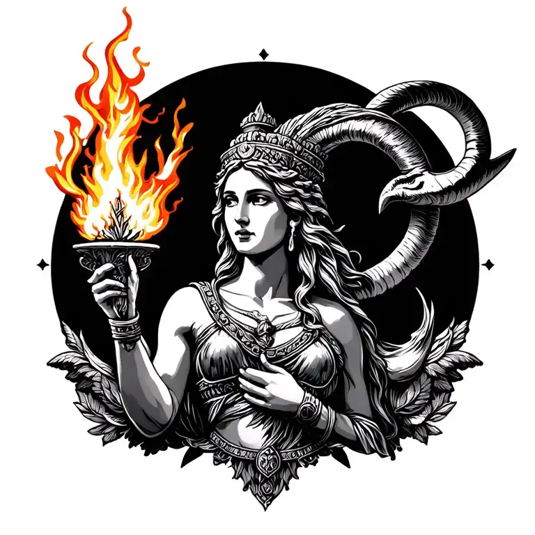 Athena sexy goddess holding fire  symbolizing aries zodiac tattoo design idea