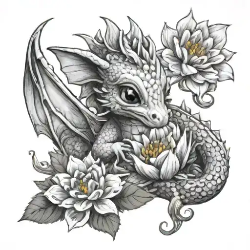 cute baby dragon holding a dalia flower blooming tattoo design idea