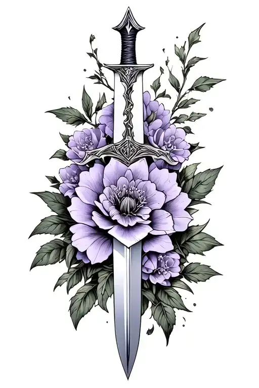 Witcher sword with lilac flower intertwined tattoo design idea