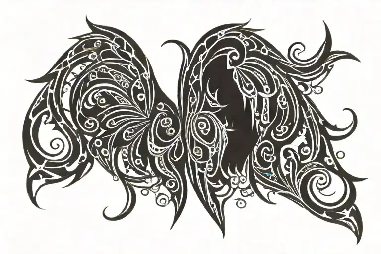 Masculine faery wings tribal patterns magical mythical design for man upper back and shoulders. Symmetric nature spirit tattoo design idea