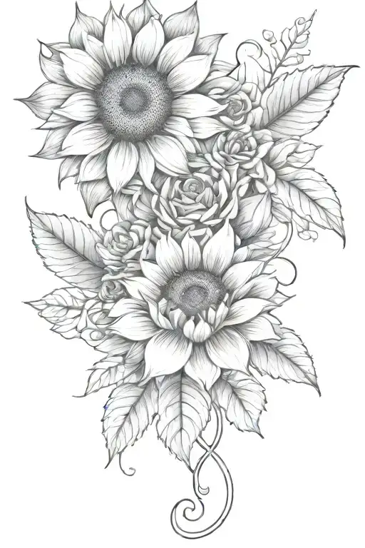 large single sunflower surrounded by roses and chrysanthemums flower tattoo design idea