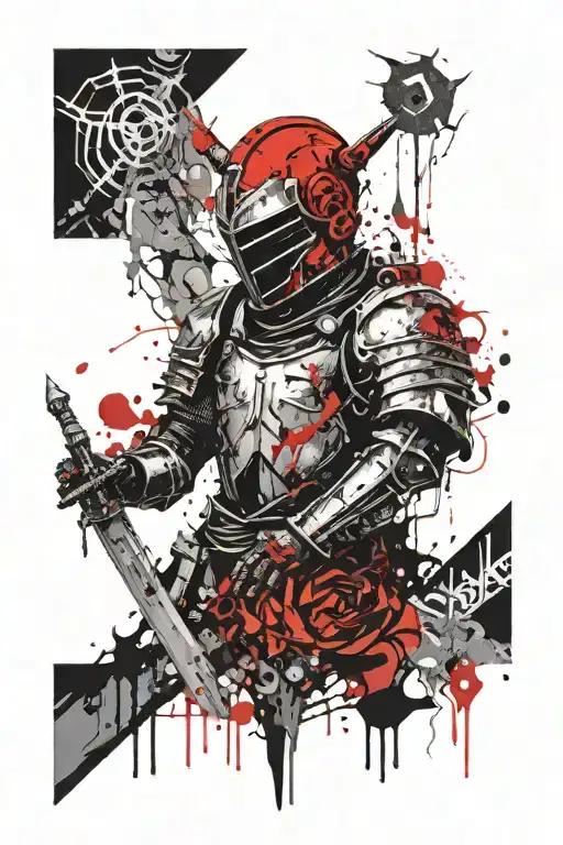 A knight with a broken halo at the gates of hell portrayed tattoo design idea