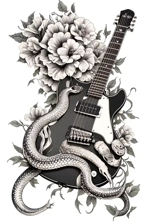 a guitar with a dead snake and flowers wrapped around it tattoo design idea