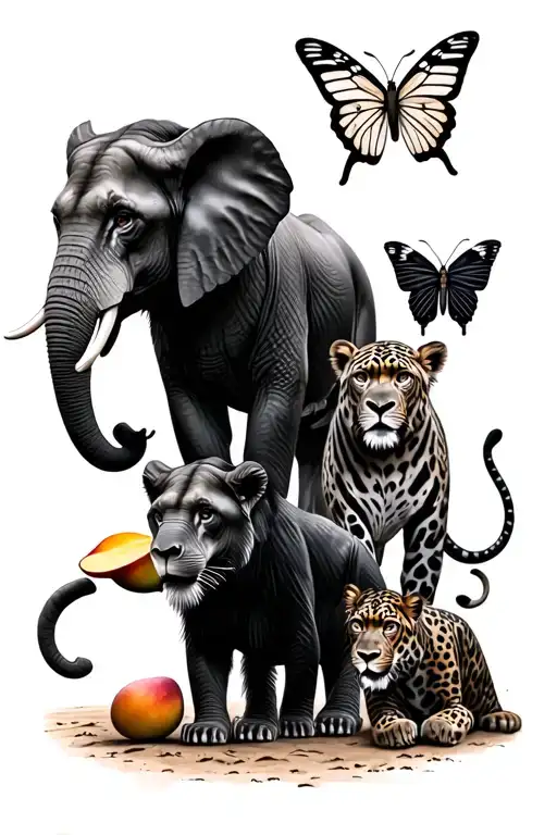 realism 2 lions, an elephant, a black jaguar, a butterfly and a monkey eating a mango, with a safari background  tattoo design idea