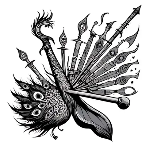 Pandavas inspired tribal style tattoo depicting their weapons all linked with sudarshan charka or flute with peacock fea tattoo design idea