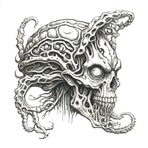 bioorganic alien with big Brain and digital heart tattoo design idea