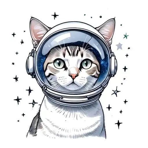 simple drawn, cyprus cat full body wearing round clear astronaut helmet surrounded with stars and galaxy tattoo design idea