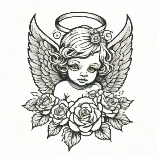 333 angel tattoo Cupid roses neo traditional black and grey tattoo design idea