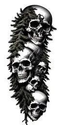 An intricate skulls design intertwined with mechanical and pine trees. tattoo design idea