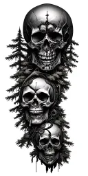 An intricate skulls design intertwined with mechanical and pine trees. tattoo design idea