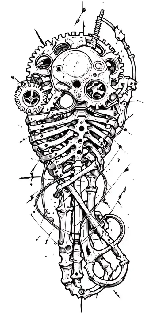 metal parts, gears, pipes, wires, torn skin effect,  realism, black and gray color scheme. Metal Bone tattoo design idea