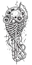 metal parts, gears, pipes, wires, torn skin effect,  realism, black and gray color scheme. Metal Bone tattoo design idea