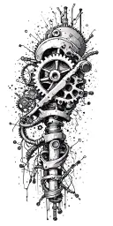 metal parts, gears, pipes, wires, torn skin effect,  realism, black and gray color scheme. Metal Bone tattoo design idea
