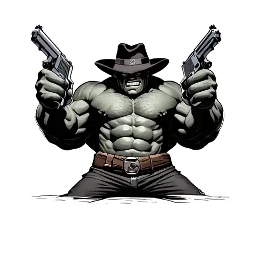 hulk holding 1911 pistols in each hand wearing a fedora hat tattoo design idea