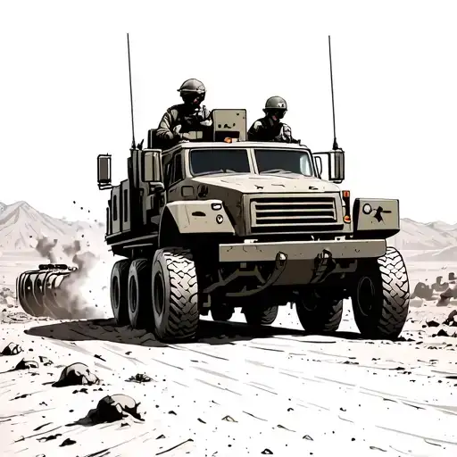 army M984A4 wrecker driving down an dirt road in Afghanistan with a explosion in front of it. with mountains in the back tattoo design idea