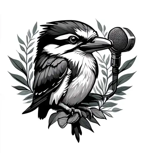 tribal Kookaburra open beak holding microphone surrounded by Australia foliage  tattoo design idea