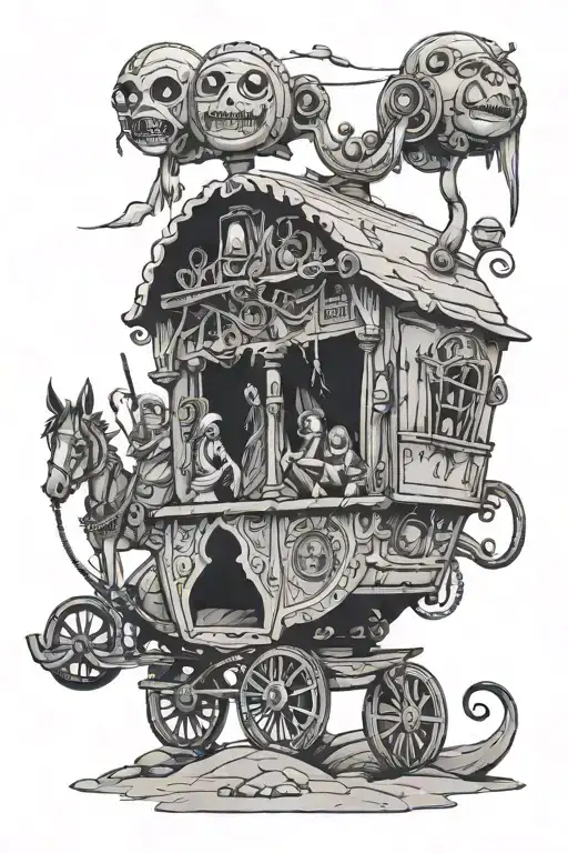 A Gypsy caravan adorned with Rick and Morty references and gothic details tattoo design idea